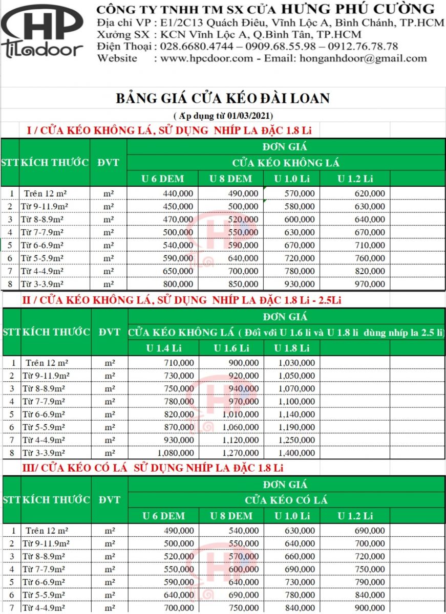 BẢNG GIÁ CỬA KÉO ĐÀI LOAN